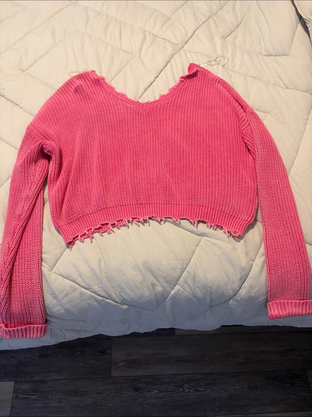 Blue Rain Pink Cropped Distressed V-Neck Sweater